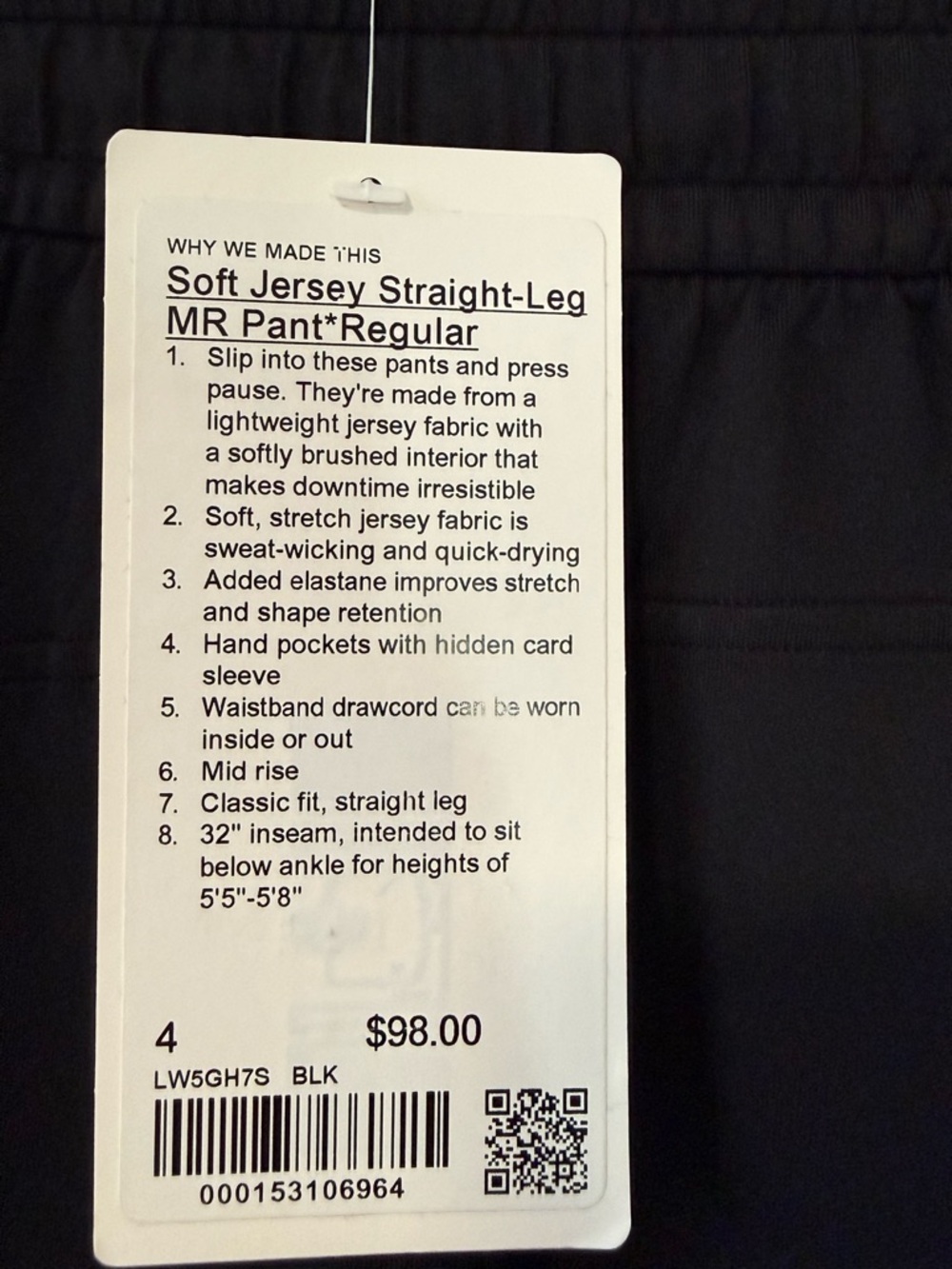 NWT Lululemon Soft Jersey Straight-Leg Mid Rise Pant Regular - Picture 3 of 3